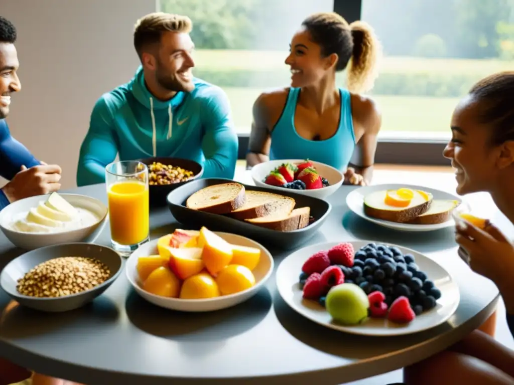 Un grupo de atletas disfrutan de un desayuno potente, con alimentos nutritivos y coloridos, mientras se preparan para entrenar