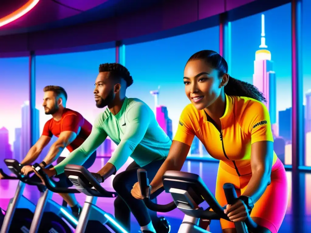 Ciclismo virtual vibrante en mundo futurista Grupo de atletas diversos en bicicletas estáticas, inmersos en una experiencia de fitness gamificada con energía vibrante y futurista, destacando la gamificación en fitness para motivación