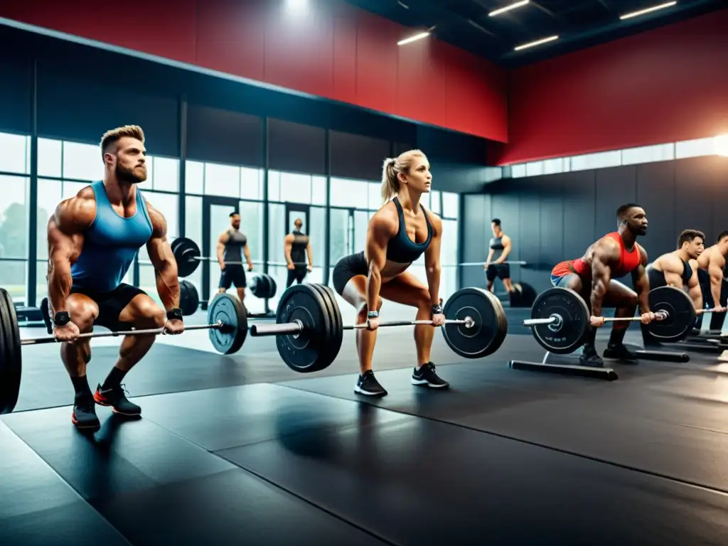 Atletas de élite levantando pesas en un gimnasio de vanguardia Grupo de atletas de élite levantando pesas en un gimnasio moderno, mostrando su fuerza y determinación