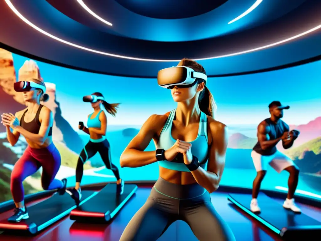 Entrenamiento de alta tecnología en realidad virtual con atletas futuristas Grupo de atletas en entorno de realidad virtual, con gamificación en fitness para motivación