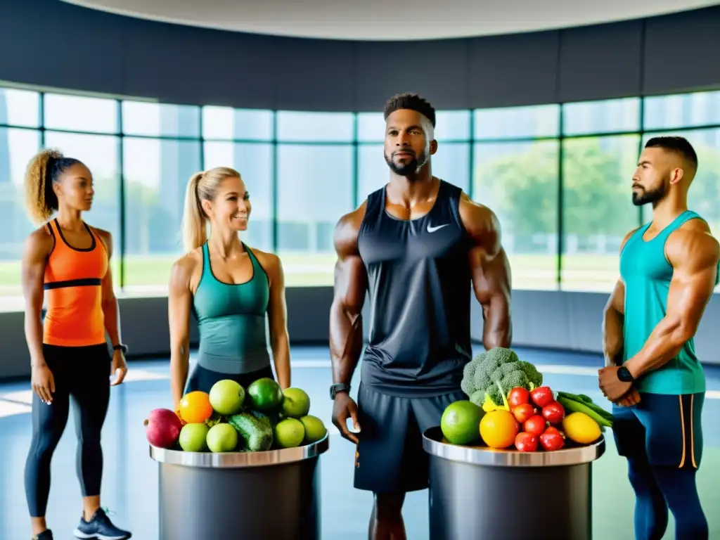 Atletas diversos con frutas y verduras en gimnasio moderno Un grupo de atletas diversos sostienen frutas y verduras en un gimnasio moderno