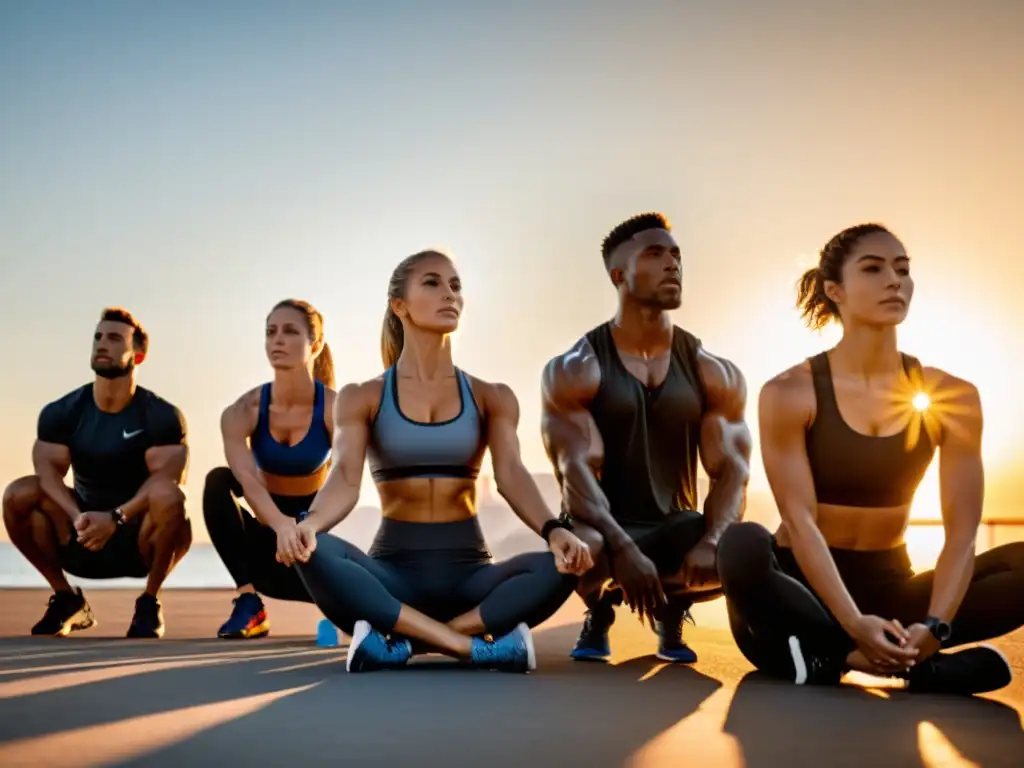 Atletas en estiramiento al amanecer: preparación con vitamina E Grupo de atletas estirando al amanecer con determinación, resaltando la importancia de la vitamina E en la prevención de lesiones deportivas