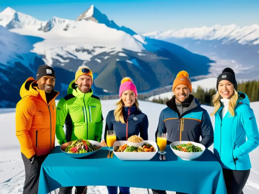 Atletas de invierno disfrutan de comidas energéticas en la montaña Grupo de atletas de invierno disfrutando de nutrición deportiva para deportes de invierno en un entorno de montaña nevada