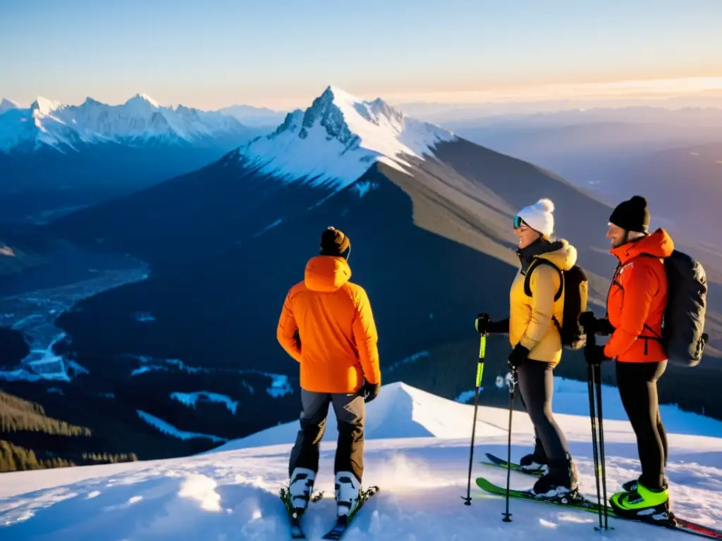 Atletas de invierno en la cima: preparados para la competencia Un grupo de atletas de invierno profesionales se prepara para el día en la cima de una montaña nevada al amanecer