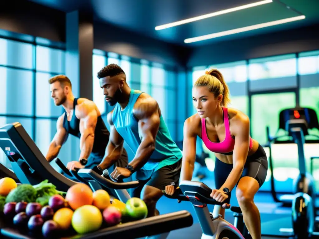 Atletas en acción: Entrenamiento intenso con antioxidantes Un grupo de atletas en acción, sudando y desafiando sus límites en una intensa sesión de entrenamiento en un gimnasio moderno y bien equipado, rodeados de frutas y verduras vibrantes