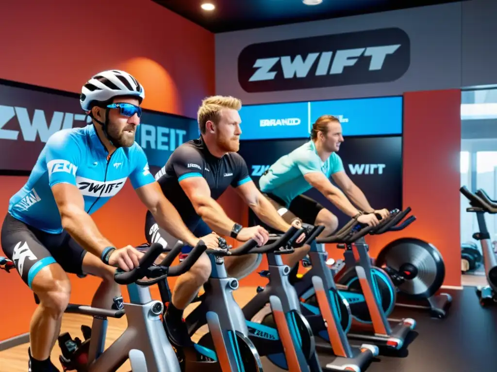 Atletas profesionales desafían terreno virtual en Zwift Grupo de atletas profesionales sudando en bicicletas estáticas, inmersos en el mundo virtual de Zwift, fusionando tecnología y fitness para motivación