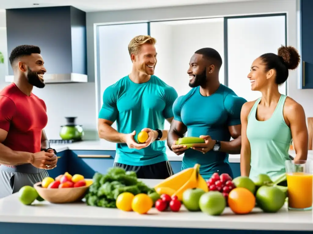 Atletas profesionales diseñando su plan nutricional Grupo de atletas profesionales en cocina moderna, escuchando a nutricionista sobre plan personalizado