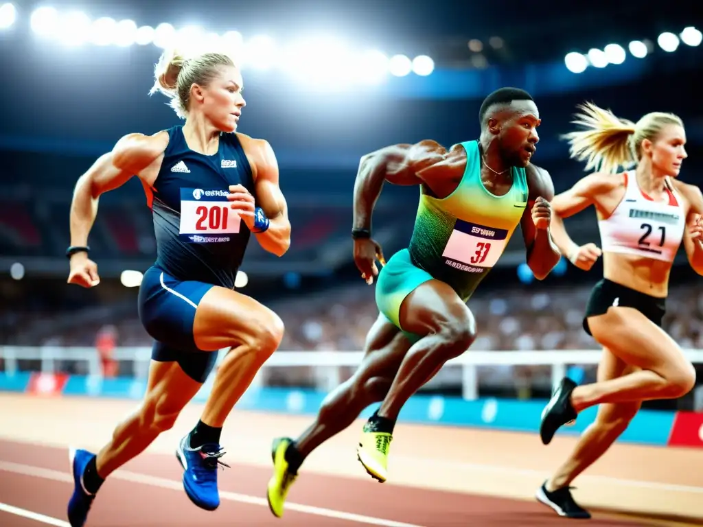 Atletas de élite en acción: desafío deportivo en detalle Grupo de atletas profesionales compitiendo con determinación, demostrando la importancia de los probióticos para mejorar rendimiento deportivo