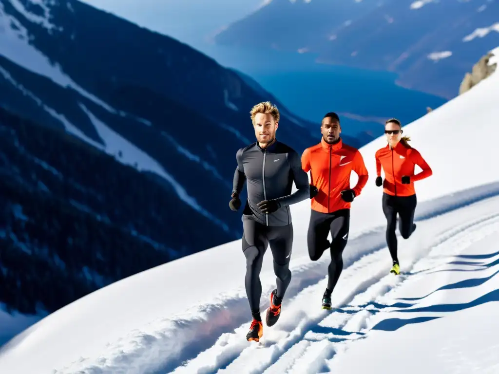 Atletas profesionales entrenando en la nieve con ropa térmica de alta tecnología Grupo de atletas profesionales entrenando en la nieve con ropa térmica deportiva, destacando los beneficios para entrenamientos invernales