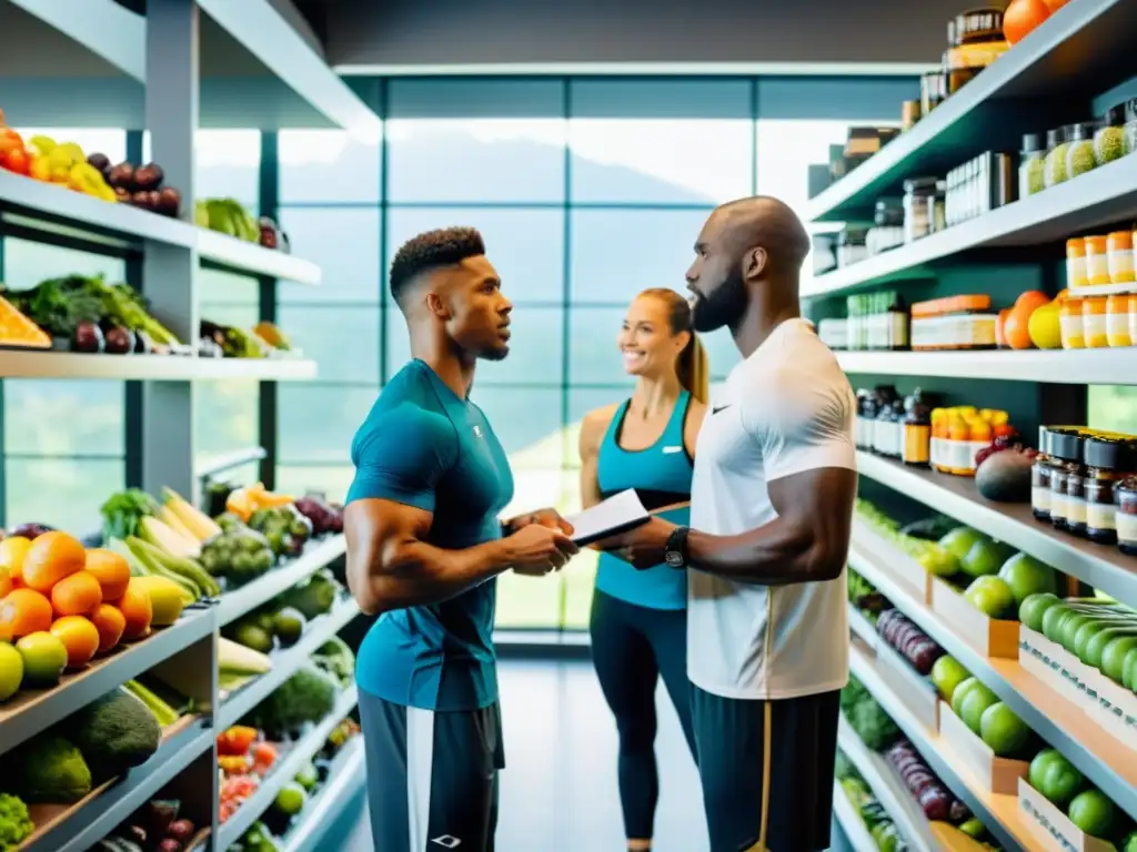 Nutricionista y atletas: salud ósea y rendimiento Un grupo de atletas profesionales conversa con una nutricionista en un gimnasio