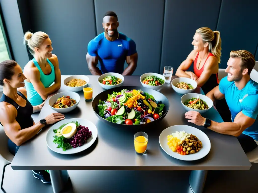 Atletas de élite se reúnen para una nutrición óptima Grupo de atletas de resistencia disfrutando de alimentación para recuperación muscular en un entorno moderno y dinámico