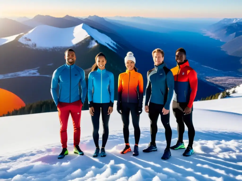 Ropa deportiva térmica en la cima nevada al amanecer Grupo de atletas en ropa térmica deportiva, estirándose al amanecer en la cima nevada