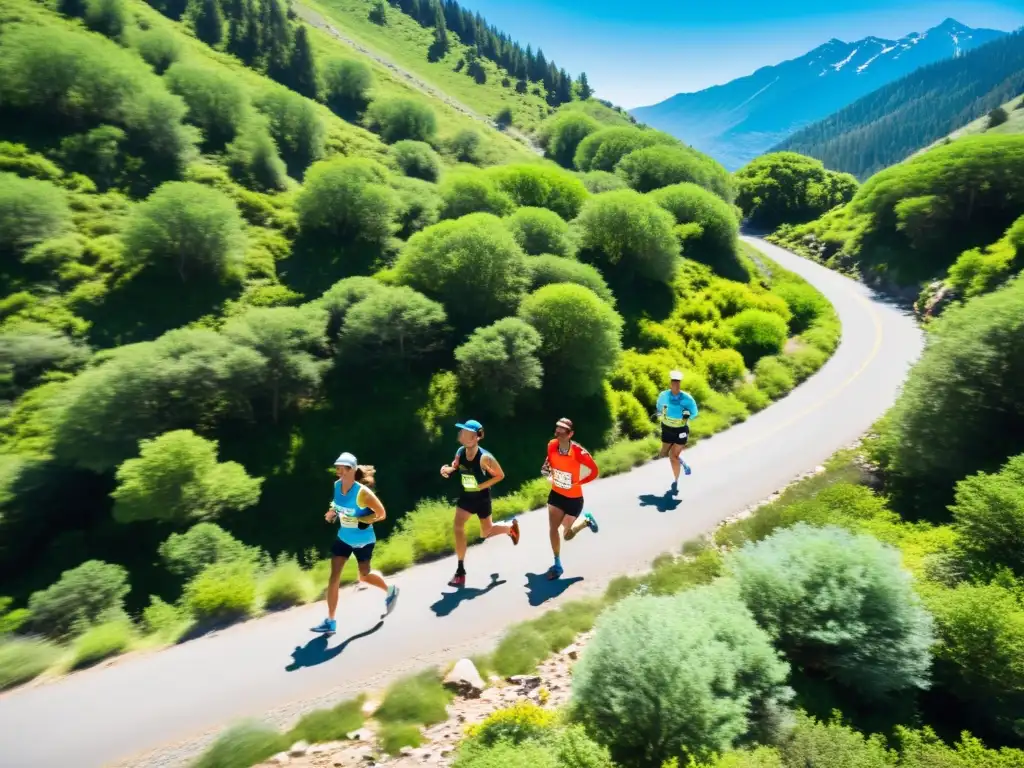 Corredores de montaña desafiantes en acción Grupo de atletas corriendo en sendero de montaña, con árboles verdes y cielo azul