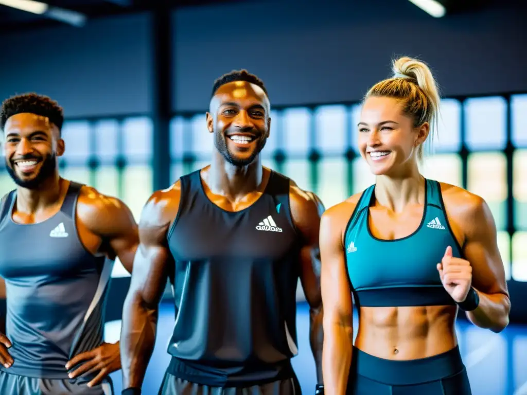 Atletas sonrientes en entrenamiento moderno Grupo de atletas sonrientes y dándose la mano en un moderno gimnasio