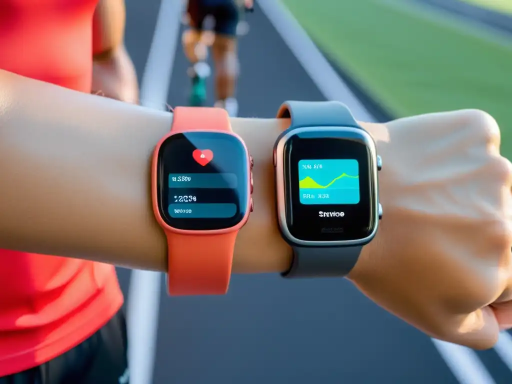 Entrenamiento tecnológico: atletas con dispositivos inteligentes Grupo de atletas con tecnología deportiva de vanguardia para mejorar hidratación durante ejercicio