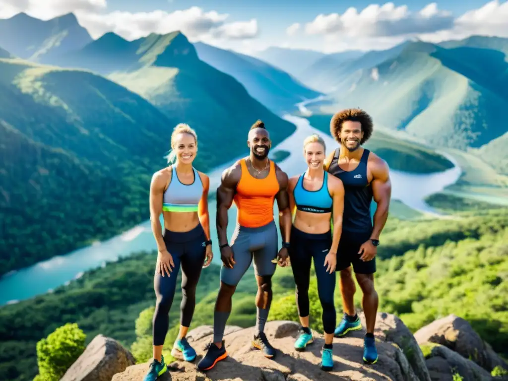 Atletas veganos de élite conquistan la cima, radiantes de poder y vitalidad Grupo de atletas veganos de élite en la cima de una montaña, irradiando vitalidad y fuerza