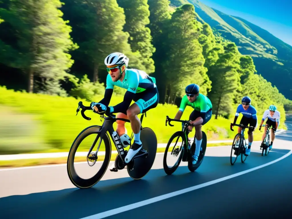 Élite ciclista conquistando montañas Un grupo de ciclistas avanzados conquistando una carretera de montaña, rodeados de árboles verdes y cielo azul