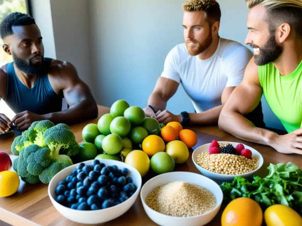 Planificación nutricional para ciclistas: estrategias para el rendimiento Grupo de ciclistas avanzados planificando nutrición deportiva para ciclistas avanzada en una cocina moderna y luminosa