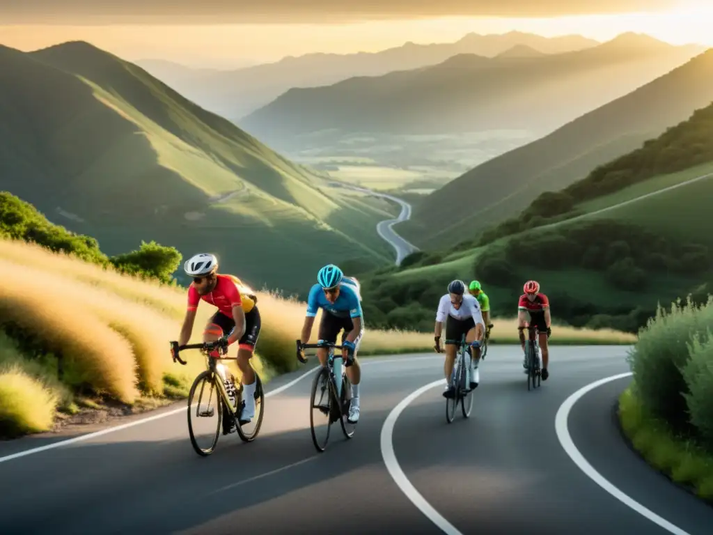 Ciclistas avanzados desafiando montañas al atardecer Un grupo de ciclistas avanzados recorriendo una sinuosa carretera de montaña al atardecer, con una luz cálida y dorada que resalta el paisaje