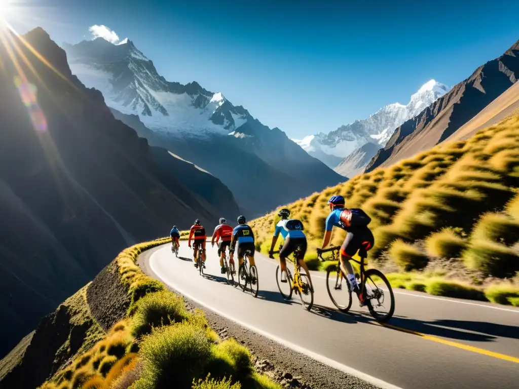 Desafío épico: Ciclistas conquistan los Andes Grupo de ciclistas desafiando la montaña en bicicleta, con las imponentes cumbres de los Andes al fondo