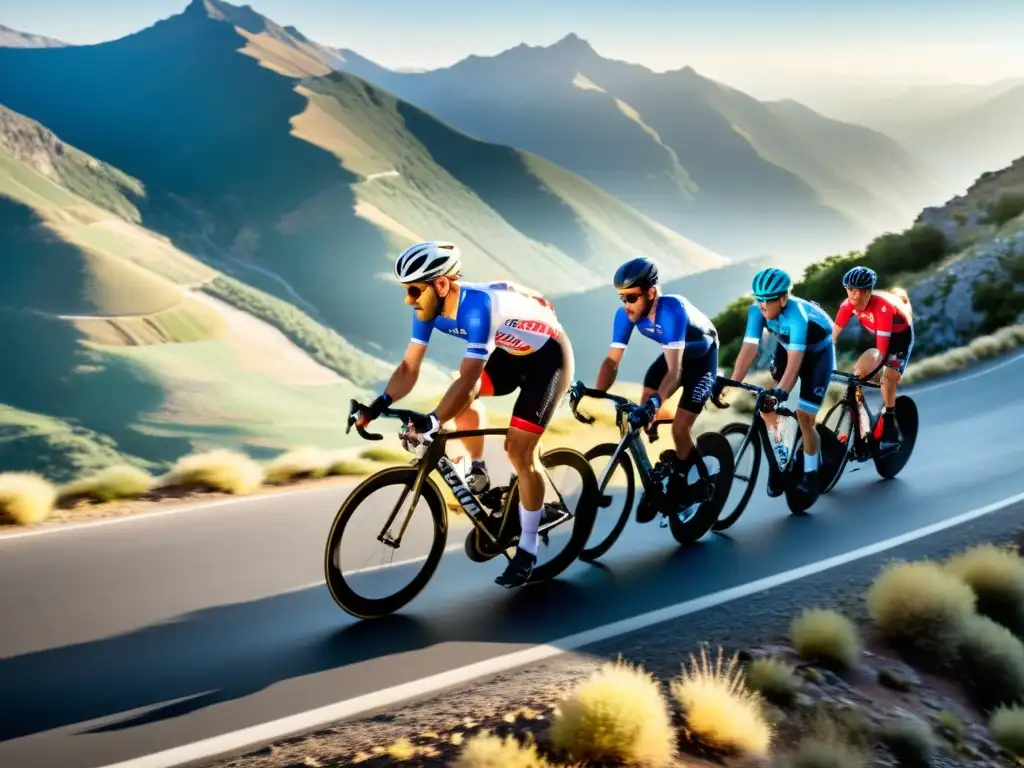 Ciclistas de élite conquistan montaña al amanecer Grupo de ciclistas de élite conquistando un empinado paso de montaña al amanecer, evocando desafío y triunfo