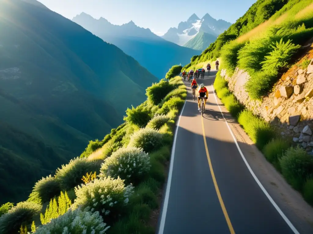 Épica ascensión en bicicleta entre picos y naturaleza exuberante Grupo de ciclistas subiendo una empinada carretera de montaña, rodeados de exuberante vegetación y picos imponentes
