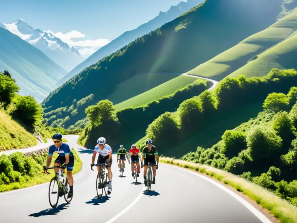 Desafío ciclista en la montaña: determinación y superación Grupo de ciclistas subiendo una empinada carretera de montaña, con exuberante vegetación y picos nevados de fondo