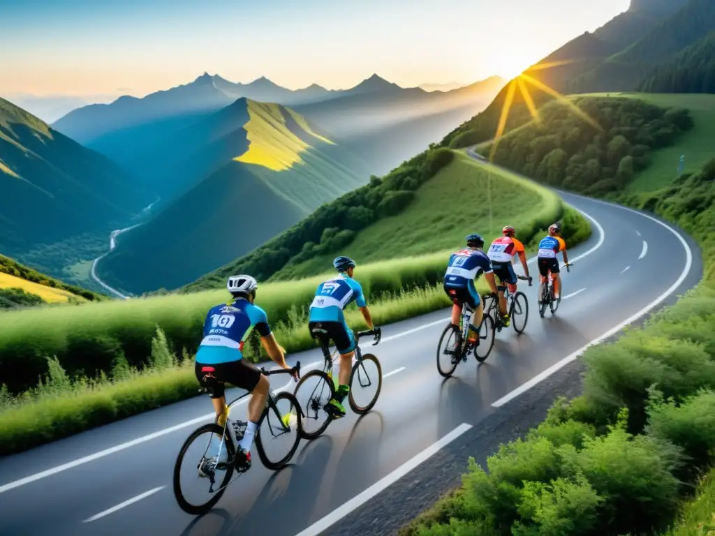 Desafío de ciclismo en la montaña al atardecer Grupo de ciclistas subiendo una empinada carretera de montaña al atardecer, destacando sus camisetas mientras muestran determinación