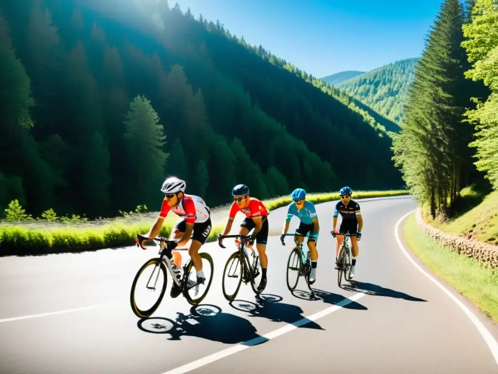 Desafío en la montaña: Ciclistas profesionales en acción Un grupo de ciclistas en equipo profesional recorriendo una empinada carretera de montaña, con bosques densos a los lados y un cielo azul claro