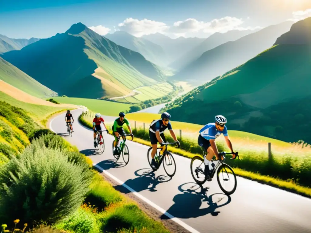 Desafío en Bicicleta de Montaña: Vibrante Aventura Grupo de ciclistas recorriendo paisaje montañoso con determinación y enfoque