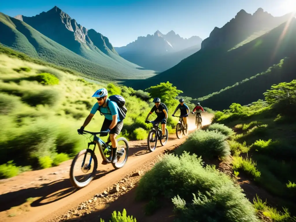 Desafío en bici de montaña: naturaleza, equipo y rendimiento Grupo de ciclistas de montaña recorriendo senderos desafiantes entre exuberante vegetación y altas montañas