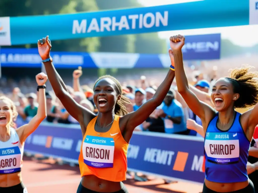 Triunfo femenino: Corredoras cruzando la meta con emoción Grupo de corredoras de maratón cruzando la meta con alegría y determinación
