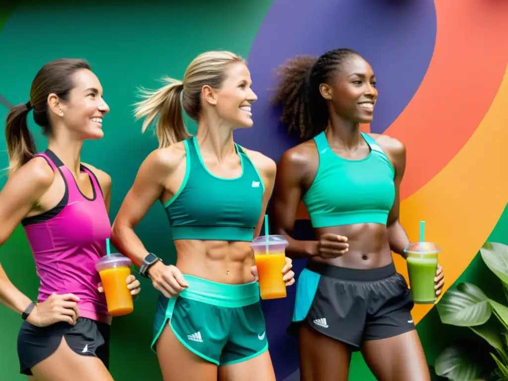 Corredoras de maratón energizándose con smoothies y snacks vibrantes Grupo de corredoras de maratón disfrutando de smoothies y refrigerios coloridos entre la exuberante vegetación