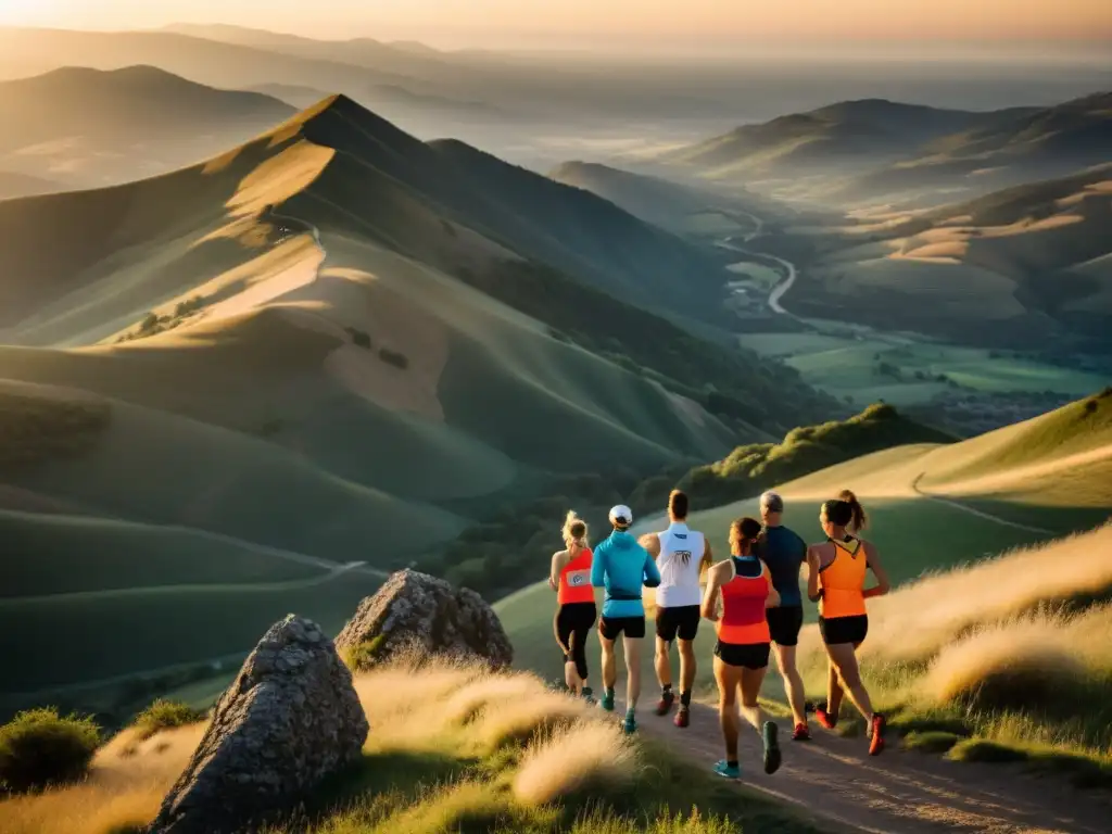 Grupo de corredores de maratón en la cima de una montaña al amanecer, mostrando determinación y fuerza