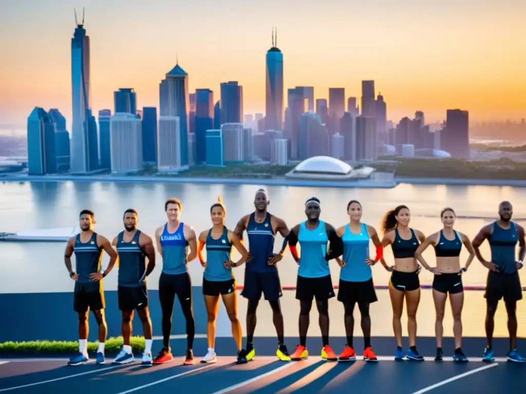 Un grupo de corredores de larga distancia en la línea de salida, con determinación al amanecer en una ciudad vibrante