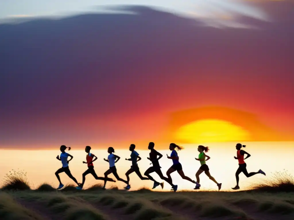 Grupo de corredores de larga distancia disfrutando de los beneficios del ayuno intermitente al amanecer