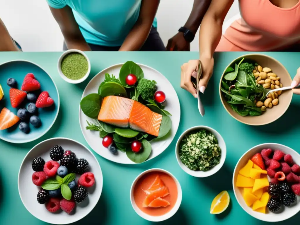 Un grupo diverso de atletas disfruta de alimentos antiinflamatorios para recuperación muscular en una escena vibrante y sofisticada
