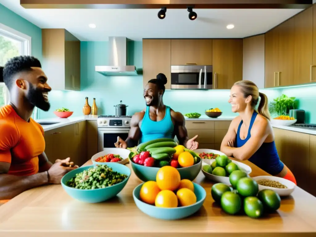 Atletas disfrutan de festín vegano post-entrenamiento en cocina luminosa Un grupo diverso de atletas disfruta de una comida vegana post-entrenamiento en una cocina luminosa y espaciosa