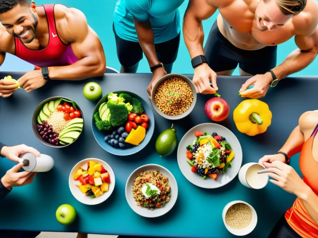 Atletas disfrutando la nutrición deportiva Un grupo diverso de atletas disfruta una comida post-entrenamiento, compartiendo y sonriendo