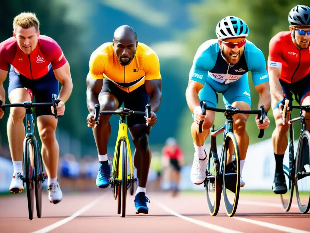 Un grupo diverso de atletas practica deportes al aire libre bajo el sol brillante