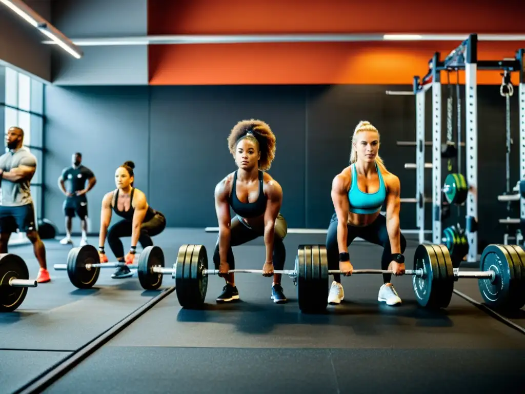 Atletas en entrenamiento de fuerza en gimnasio moderno Un grupo diverso de atletas se ejercita con determinación en un gimnasio moderno, mostrando la importancia de las vitaminas para la salud ósea
