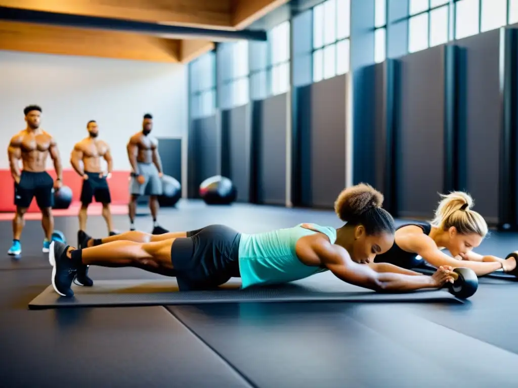 Equipo de atletas en recuperación post-entrenamiento Grupo diverso de atletas en un gimnasio moderno, enfocados en la recuperación muscular con nutrición y ejercicio