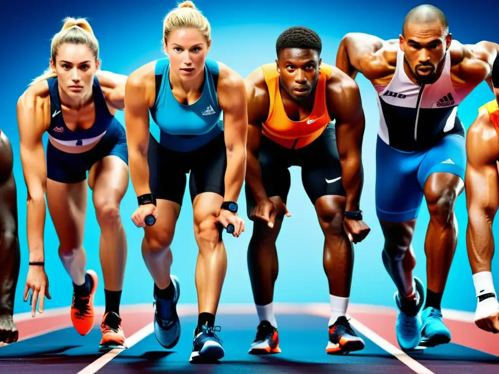 Atletas de élite en acción: intensidad y determinación en el deporte Un grupo diverso de atletas en acción, mostrando determinación y motivación en un moderno centro deportivo