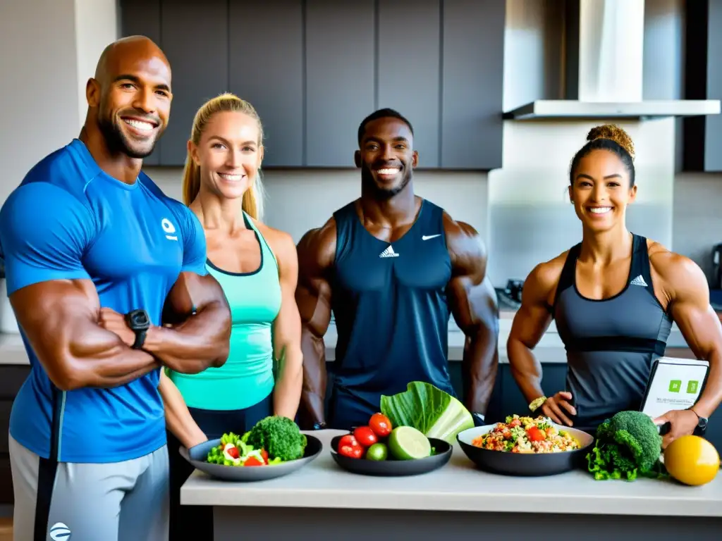 Grupo diverso de atletas con planes nutricionales personalizados y entrenamiento enfocado en claves nutrición deportiva rendimiento saludable