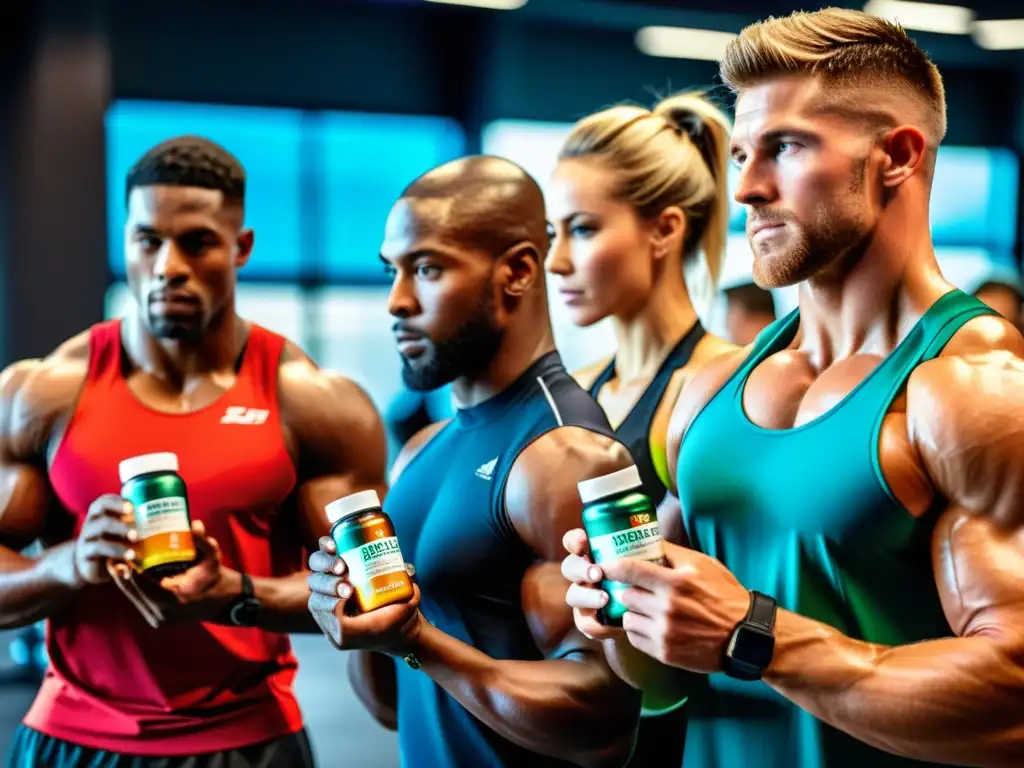 Atletas en competencia con suplementos nutricionales Grupo diverso de atletas se prepara con suplementos nutricionales, mostrando determinación