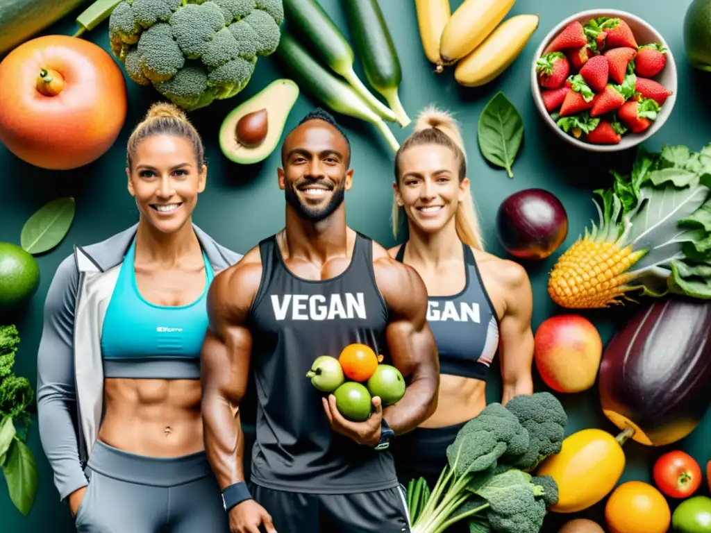 Atletas veganos: fuerza y vitalidad con dieta vegana Un grupo diverso de atletas veganos profesionales exuda fuerza y vitalidad, rodeados de frutas, vegetales y proteínas vegetales