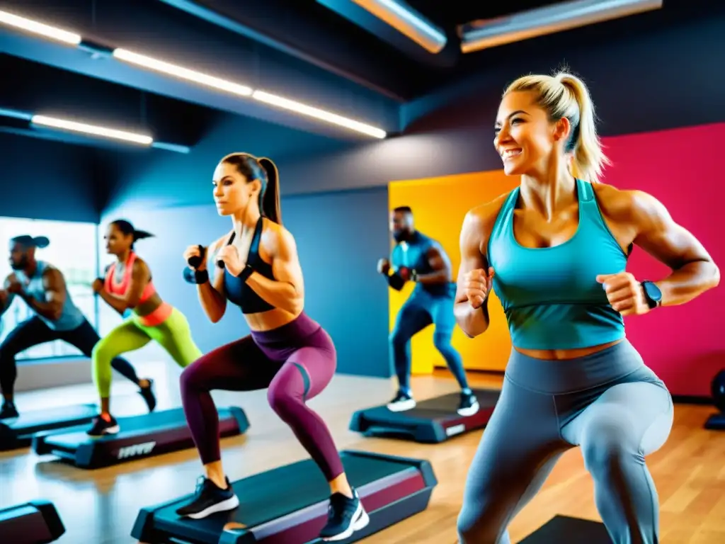 Entrenamiento HIIT dinámico en gimnasio moderno Un grupo diverso realiza un entrenamiento HIIT en un moderno gimnasio