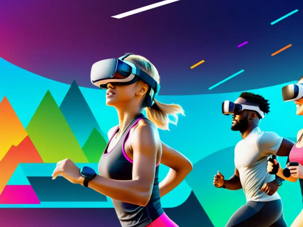 Realidad virtual fitness: Motivación y diversión en acción Grupo diverso inmerso en mundo virtual futurista, llevando a cabo actividades fitness con entusiasmo, gamificación en fitness para motivación