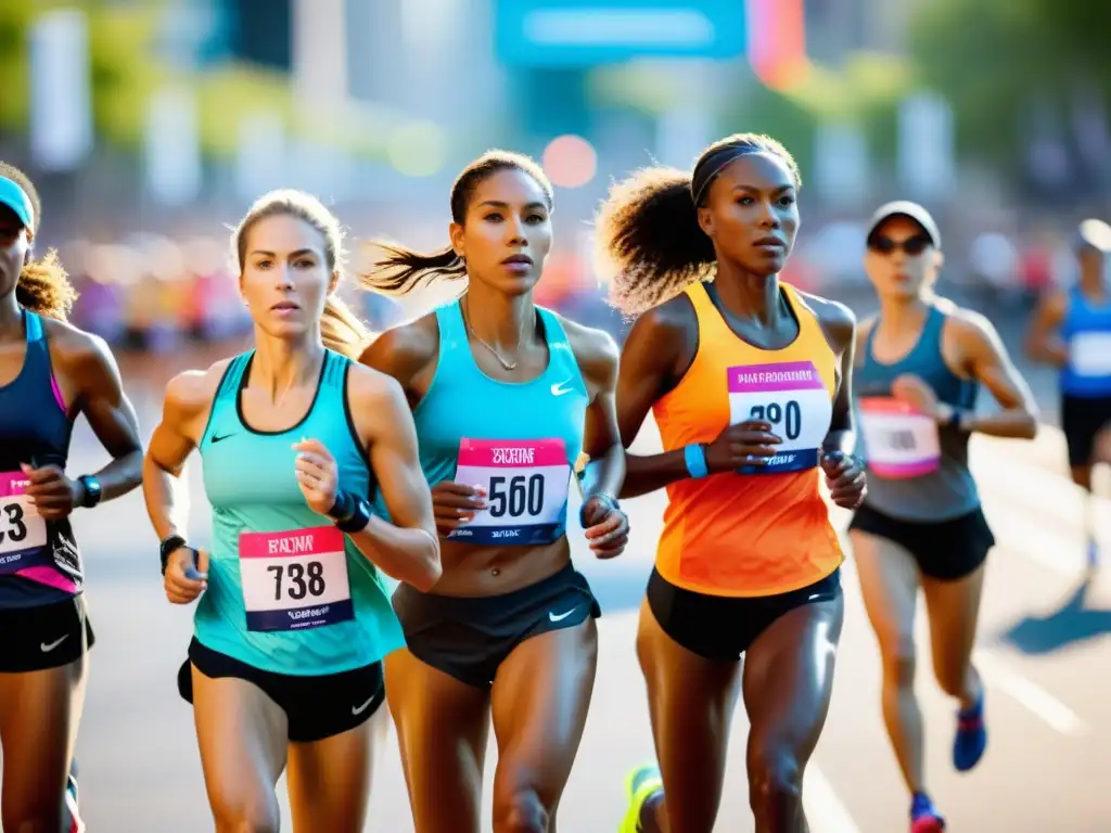 Corredoras de maratón empoderadas en ruta urbana vibrante Grupo diverso de mujeres maratonistas en ruta urbana, resaltando la nutrición deportiva para mujeres maratonistas con energía y vitalidad