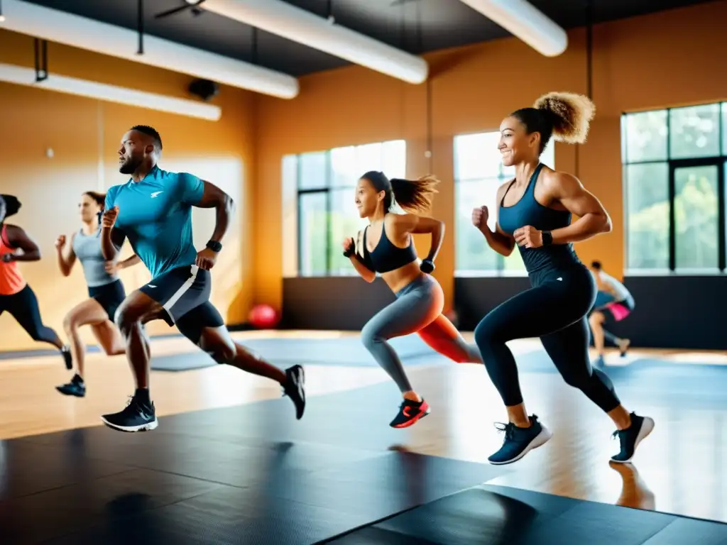 Entrenamiento impactante para la salud ósea Un grupo diverso de personas se ejercita con energía en un gimnasio moderno, destacando la importancia de la nutrición deportiva para salud ósea